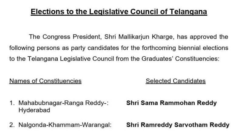 రెండు ఎమ్మెల్సీ పట్టభద్రుల స్థానాలకు అభ్యర్థులను ప్రకటించిన కాంగ్రెస్